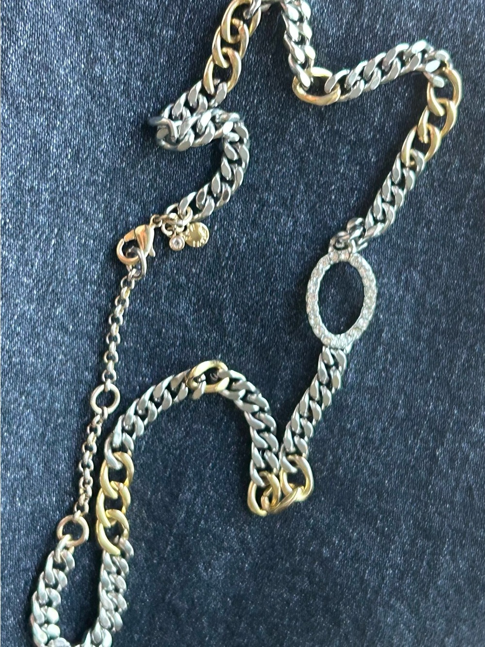 Two-Tone Linked Chain Necklace with Pave Oval Accent